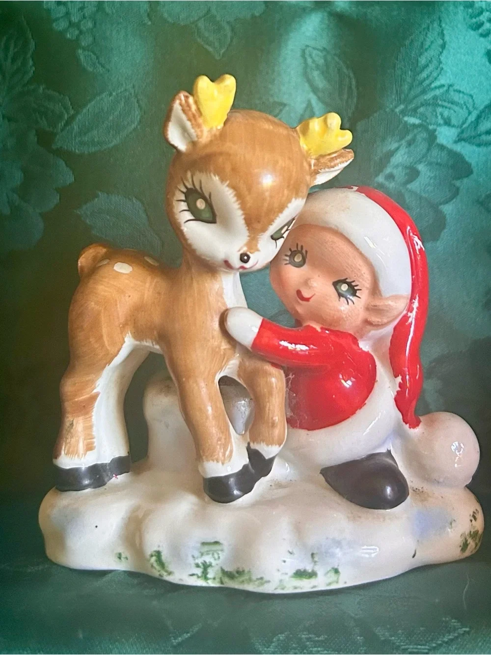 Lefton Red White and Brown Elf Hugging Reindeer Figurine